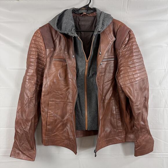 Gian Mori Leather Jacket Mens 3XL Sheepskin Moto Quilted Hooded Brown Zip Biker - Picture 3 of 16